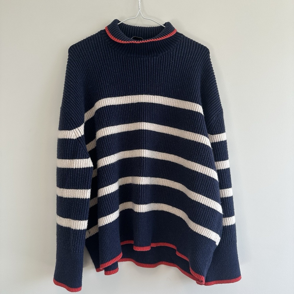ZARA KNIT White Navy Blue Striped Long Sleeve Crewneck Women's XL Sweater ExtraL